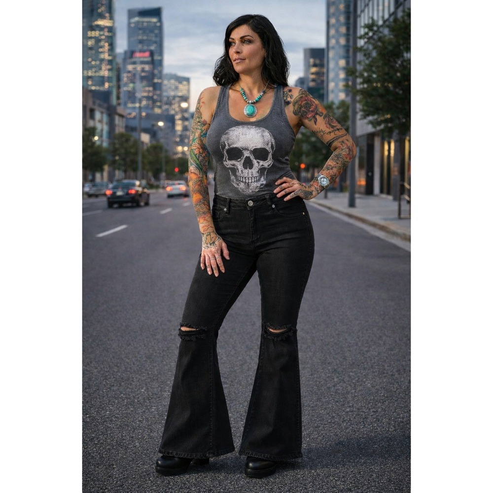 Grunge Y2K Goth Whimsgoth Black Big Flare Jeans Festival Distressed 31x33.5